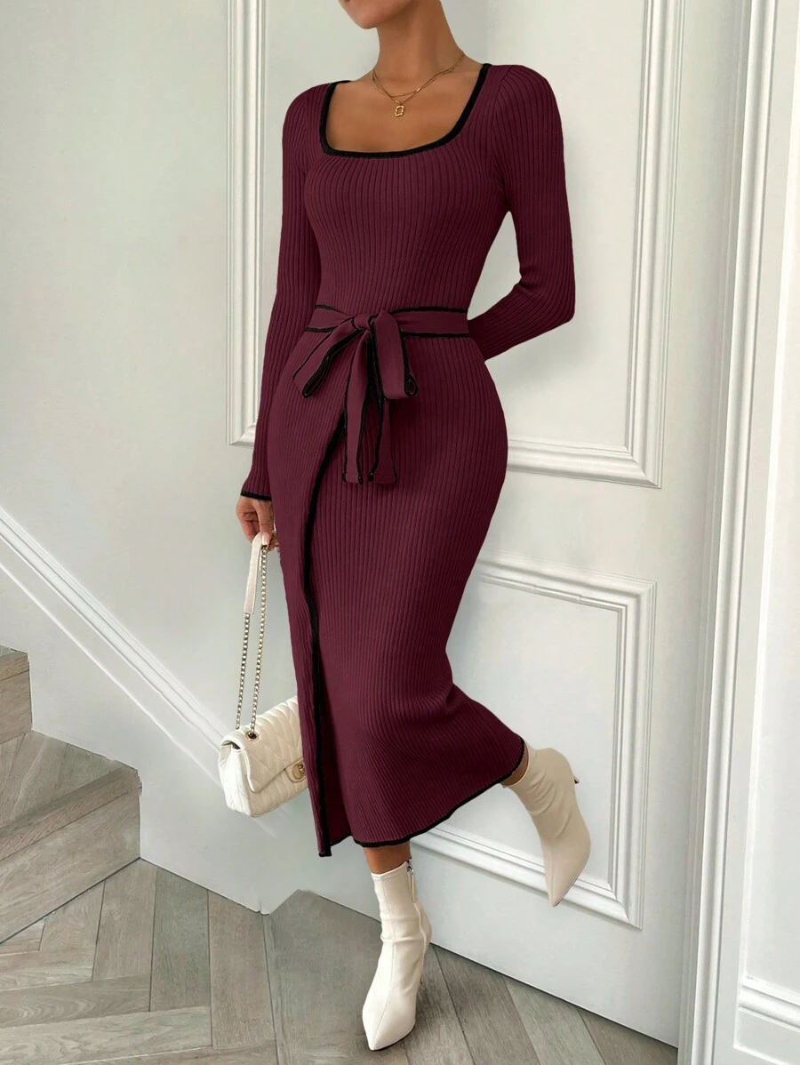 SHEIN LUNE Square Neck Knit Casual Bodycon Sweater Dress - Burgundy - View 1