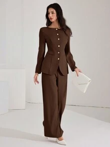 SHEIN PETITE CURVE Plus Size Women's Elegant Solid Color Fitted Jacket And Pants Suit Set, Chocolate Brown Modern Suiting 2 Pieces Set Autumn Winter Clothes For Women