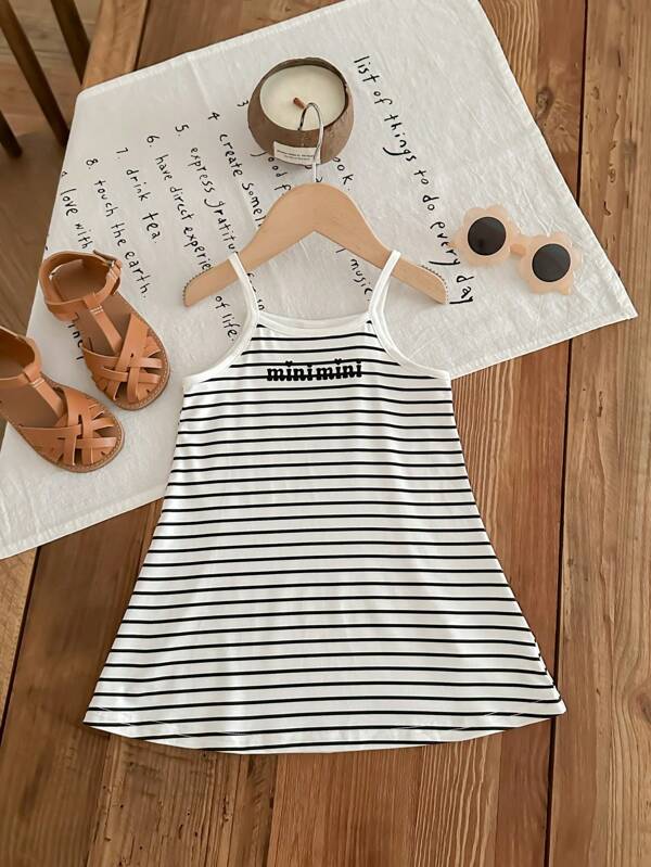 SHEIN LMoss Kids LMoss Baby Girl Summer Cute Knitted Elastic Striped Color Block Cami Dress