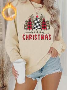 女士聖誕樹和字母印花休閒簡約圓領羊毛衫 - 杏色 - 查看 1