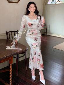 DAZY Women Velvet Casual Dress, Spring/Fall,Ruffle Long Sleeve Dress Floral - Multicolor - View 1