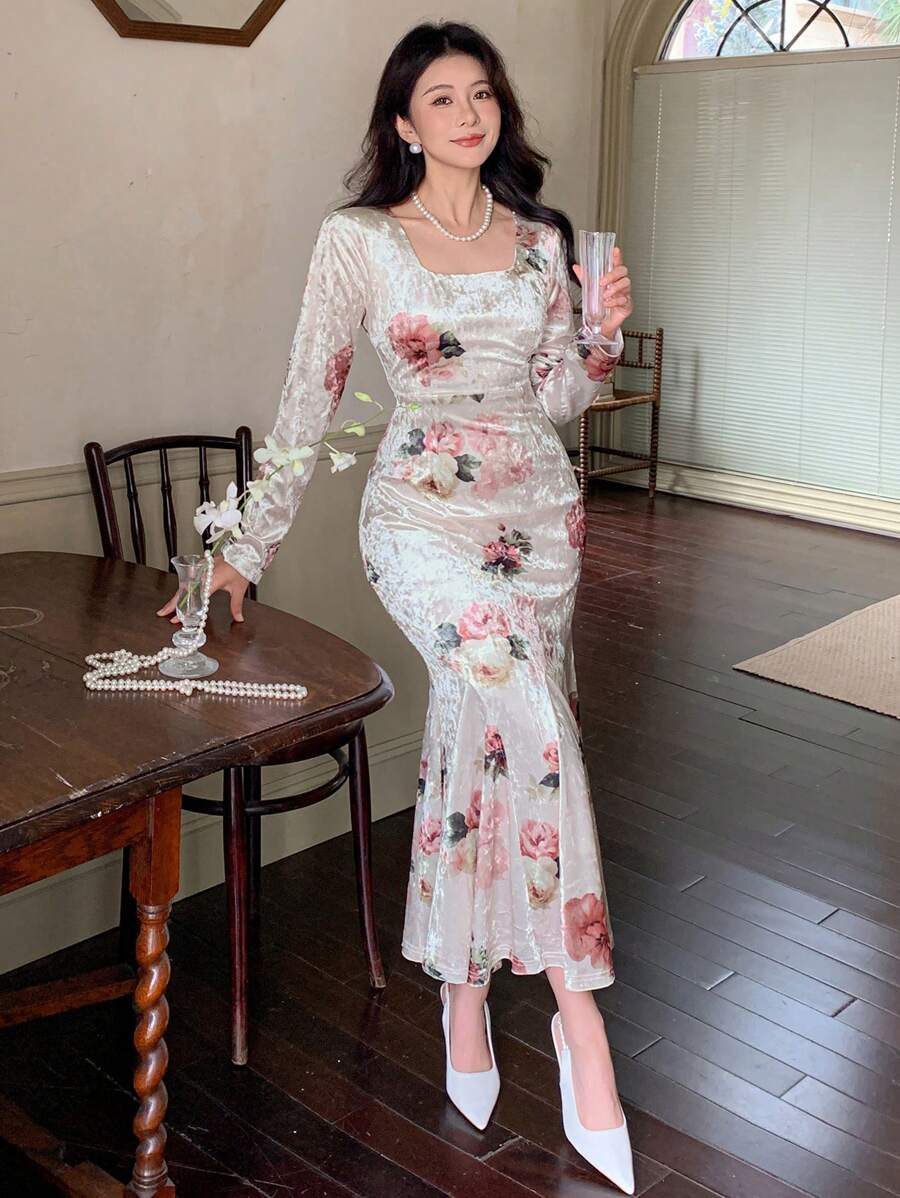 DAZY Women Velvet Casual Dress, Spring/Fall,Ruffle Long Sleeve Dress Floral - Multicolor - View 1