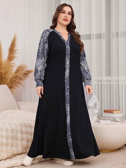 Mulvari 大码女式长袖豹纹针织阿拉伯风格连衣裙长款女式服装