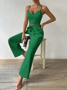Breezaya 女士可调节肩带吊带背心上衣搭配蝴蝶结和直腿裤度假风 2 件套 - 綠色 - 查看 7