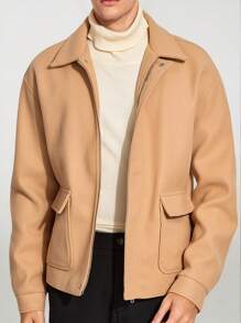 Manfinity VCAY Men's Woven Casual Stand Collar Long Sleeve Woolen Jacket, Suitable For Autumn And Winter