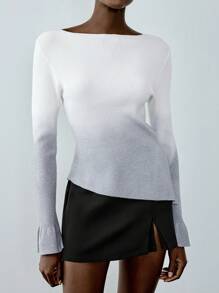 Chiquease Ombre Pattern Boat Neck Sweater Top With Flare Sleeve , Pullover Fall Winter - Multicolor - View 4