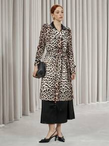 Aveloria Modichic Retro Leopard Print Canvas Belt Double-Breasted Design Fashionable Mid-Length Trench Coat, Autumn/Winter Fall Cloth For Women - Multicolor - View 3