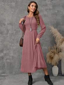 EMERY ROSE 圆领、长袖、灯笼袖、大裙摆长裙、中长款女装、秋季女装、冬季女装 - 粉色 - 查看 6