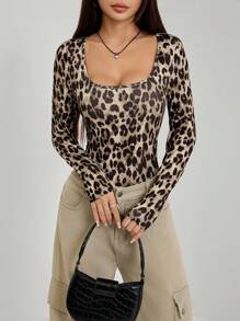 SHEIN PETITE Women's Leopard Print Long Sleeve Bodysuit