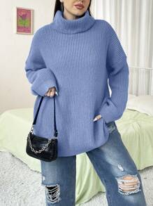 Flirla Plus Size Solid Color Turtleneck Long Sleeve Simple Pullover Sweater, Casual Everyday Wear Knit Pullover Fall Winter Sweater - Baby Blue - View 5