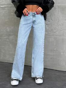 EURMUSE LOW WAIST SLIT DETAILED MEDIUM STRAIGHT LEG JEAN - Light Wash - View 4