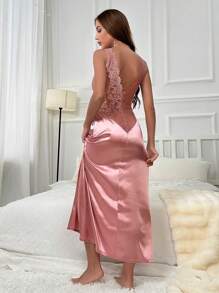 Fuzzy Trim Satin Robe & Contrast Lace Cami Dress PJ Set / Pajama Set - Pink - View 4