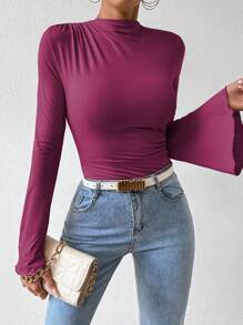 RosyDaze Elegant Solid Color Flared Sleeve Ruched Bodysuit, Autumn Fall Cloth For Women - Red Violet - View 4