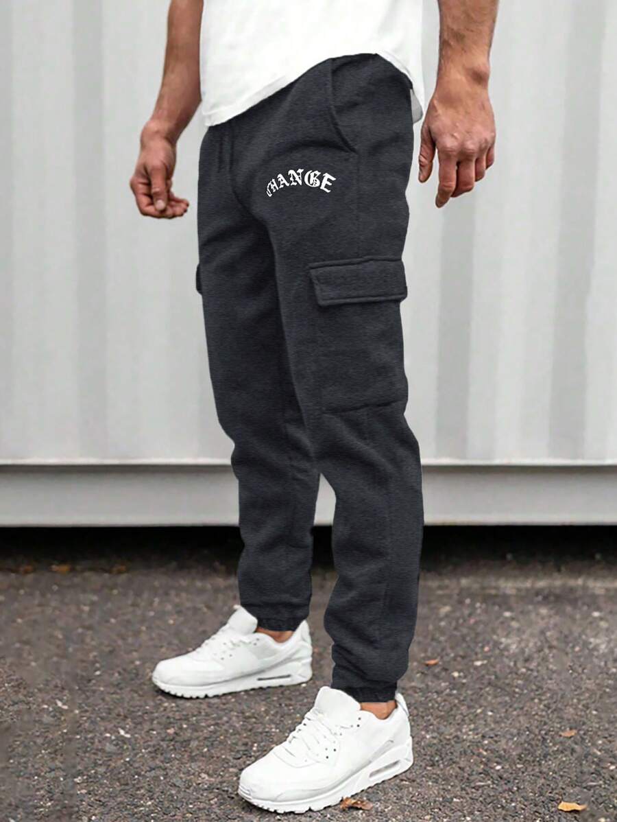 RueChic Men Letter Printed Cargo Pocket Regular Sweatpants - Dark Grey - View 1