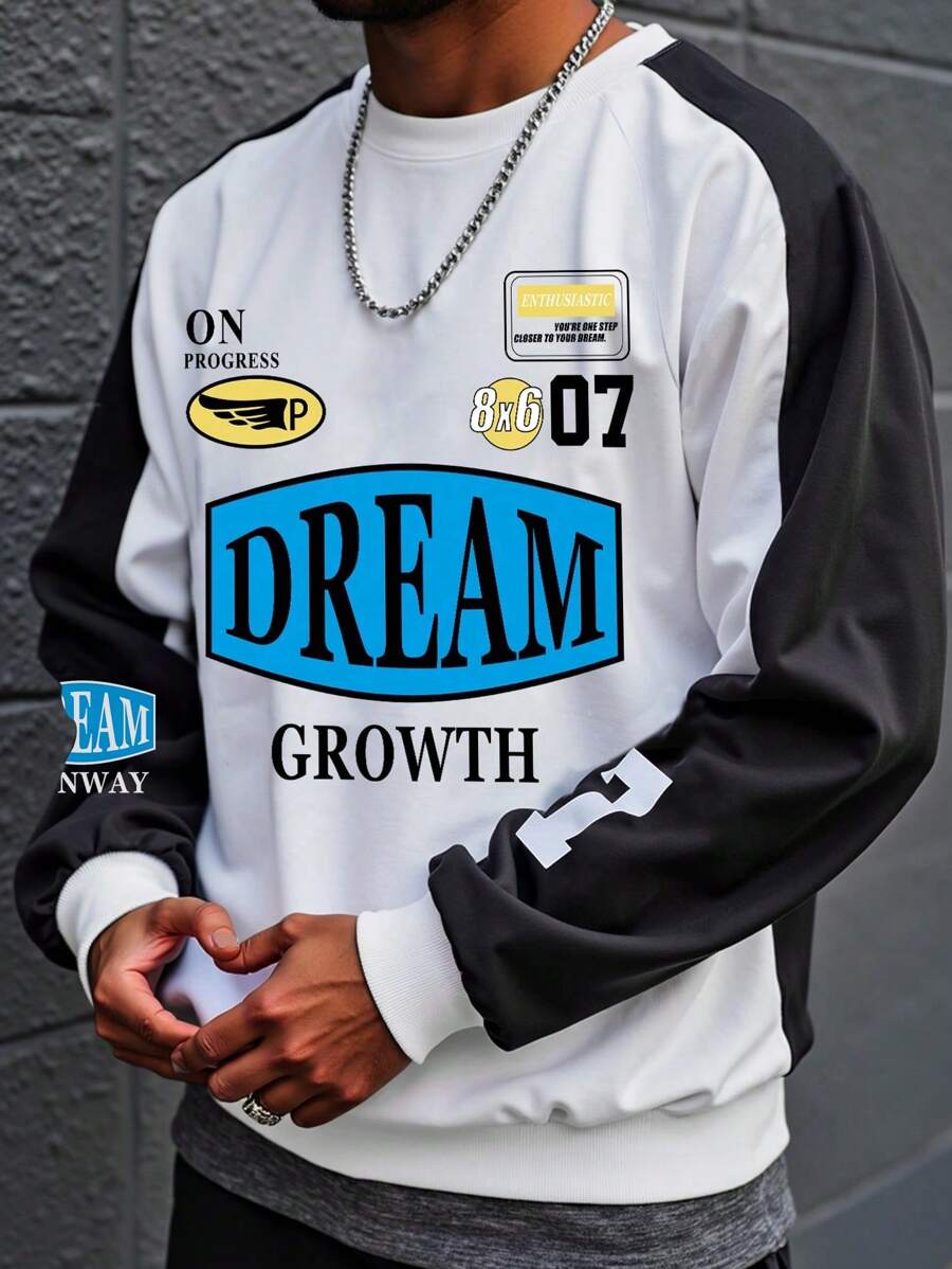 Manfinity LEGND Sweat-shirt décontracté pour hommes à imprimé lettres en couleurs contrastées, sweat-shirt graphique à col rond à manches longues pour la rue en automne, idéal pour les amis, le mari, le petit ami - Multicolore - Voir 1