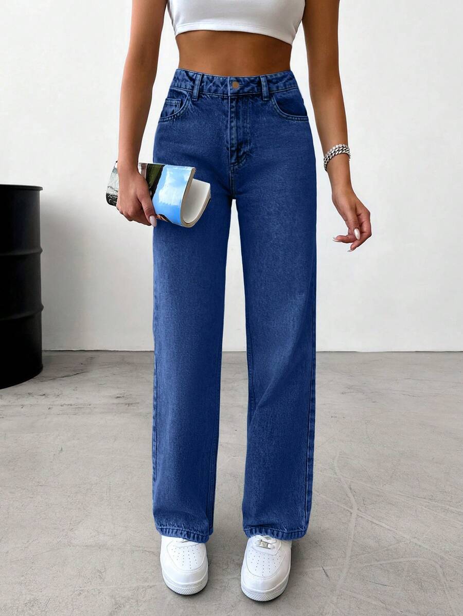 EURMUSE 100%Cotton Slant Pocket Casual Straight Leg Jeans - Blue - View 1