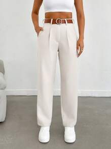 EURMUSE Women Solid Color Pleated Straight Loose Daily Casual Commuting Long Pants - Cream - View 6