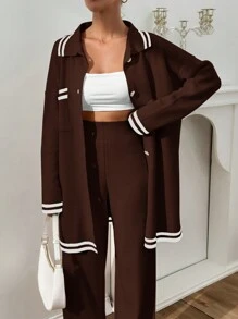 EURMUSE Women Stripe Pattern Pocket Detailed Front Button Cardigan & Sweater Pants Set - Brown - View 2