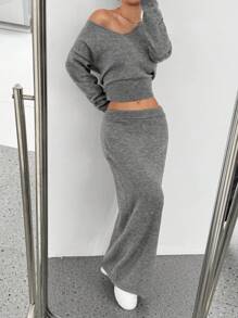 Flirla Conjunto de 2 piezas con suéter de escote en V de longitud media y falda mini de punto de estilo elegante y casual de inspiración estadounidense para otoño/invierno, favorecedora - Gris - Ver 6