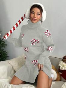 Flirla Christmas Warm And Comfortable Candy Cane Pattern Bell Sleeve Swing Hem Turtleneck Cute Women Sweater Dress - Light Grey - View 4