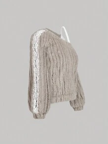 SHEIN MOD Oblique Shoulder, Puff Sleeve, Side Ruffle Hem Oversized Plush Sweatshirt,Brunch Women Outfit, Homecoming, 90s Outfit, Ladies Late Fall Casual Contrast Fluffy, Zipper Regular Sleeve Hooded Regular Fit White Plain Women Sweatshirt, Casual Daily Wear