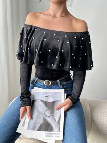 Chiquease 优雅荷叶边荷叶边饰珍珠装饰女式紧身衣