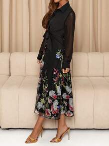 SHEIN Clasi Vestido largo elegante de mujer con estampado floral de malla, contraste de manga larga, cintura anudada, vestido de camisa, vestido negro elegante, vestido largo de mujer de manga larga, vestido con botones, atuendo de vacaciones para mujer