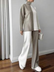 EURMUSE Colorblock Beige Sweater And Pant 2 Pcs Knitwear Set Casual Simple - Beige - View 4