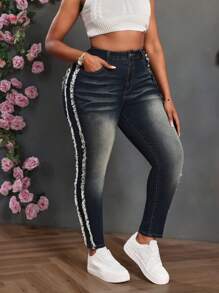Slaydiva Plus Size Sexy Skinny Stretch Distressed Blue Jeans - Dark Wash - View 1