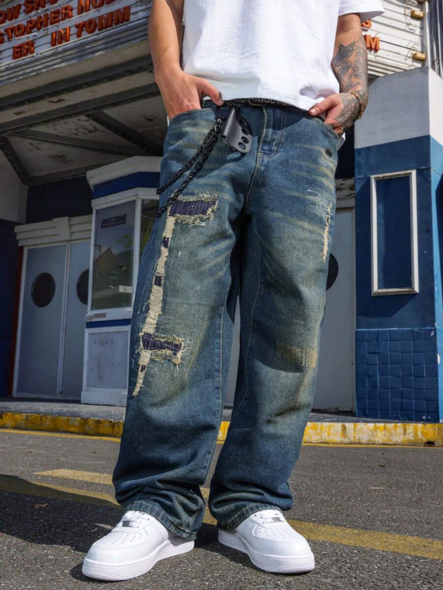 Manfinity EMRG Men Casual Ripped Pocket Simple Design Denim Jeans - Medium Wash - View 1