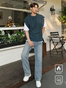 Manfinity CasualKnits 男式纯色圆领无袖休闲背心 - 綠色 - 查看 6