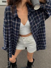 DAZY 复古格子女士休闲落肩长袖单排扣衬衫，秋季，法兰绒女士 - 藏蓝色 - 查看 7