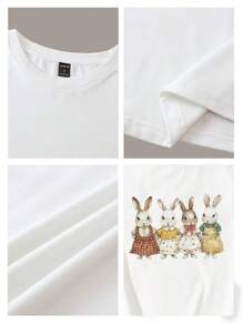 Tseoso 休闲简约水彩兔子印花圆领短袖修身短款女式 T 恤，适合夏季，含棉 - 白色 - 查看 5