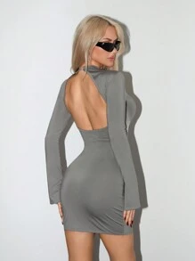 SHEIN ICON 高领网眼嵌件紧身黑色连衣裙 - 灰色 - 查看 2
