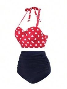 Swim Basics 女士夏季波尔卡圆点印花钢圈高腰比基尼套装，度假泳装 - 彩色 - 查看 4