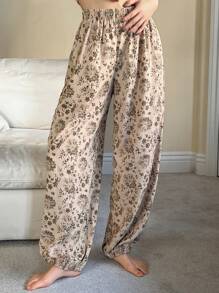 DAZY Floral Pattern Loose Fit Pajama Bottoms - Khaki - View 3