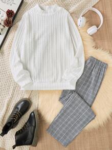 2pcs Tween Boys Formal Outfit - Stylish Turtleneck Sweater Top & Checked Suit Pants, Suitable For Formal Occasions