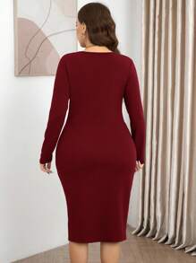 SHEIN LUNE 长袖连衣裙大码橄榄绿休闲纯色长袖开衩扭纹中长连衣裙，秋冬大码秋季服装