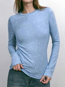 Maija Urban Chic Elegant Casual Light Blue Rhinestone Embellished Top/T-Shirt, Women - Baby Blue - View 2