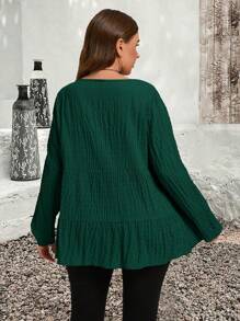EMERY ROSE Plus Size Solid Color Round Neck Long Sleeve Pleated Minimalist Blouse, Casual Everyday Wear, Autumn&Winter Women Clothes - Dark Green - View 2