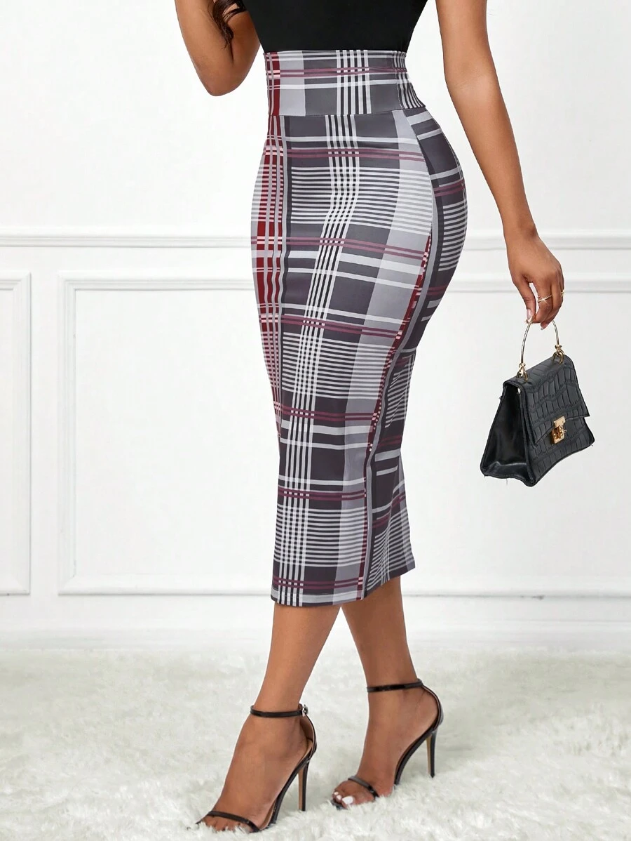 SHEIN Lady Váy midi đan kẻ caro nhiều màu thanh lịch cho công sở mùa thu đông - Nhiều màu - Xem 1