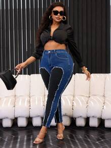 SHEIN SXY Plus Size Button Front Pocket Frayed Edge Casual Denim Jeans