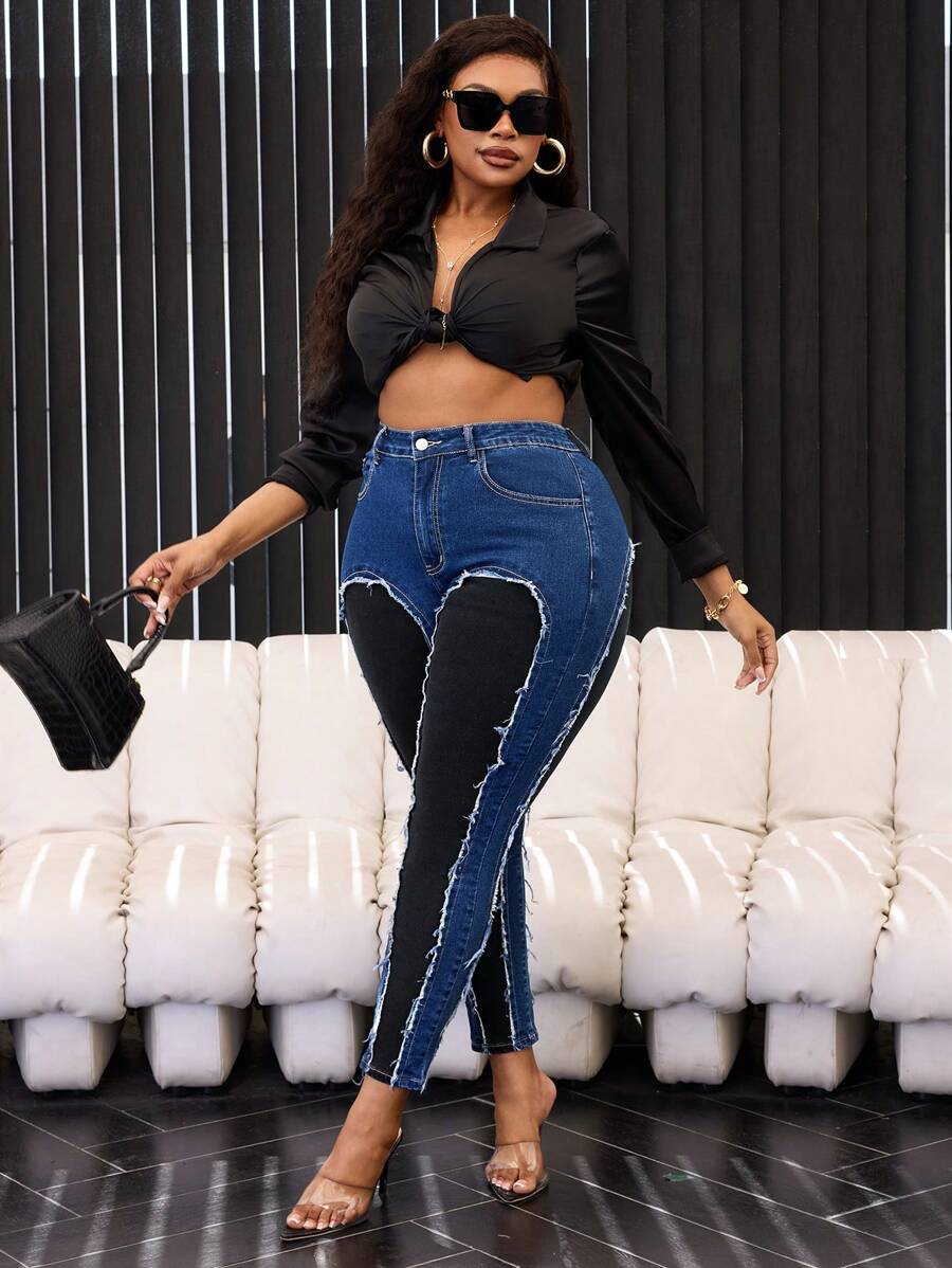 SHEIN SXY Plus Size Button Front Pocket Frayed Edge Casual Denim Jeans