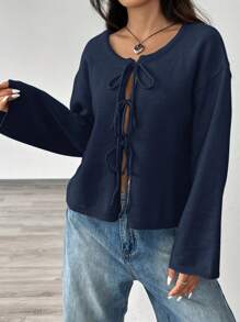 SHEIN EZwear Camicetta casual da donna a maniche lunghe con allacciatura frontida, di colore unito