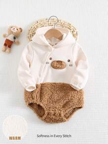 Cozy Pixies 新生儿男女宝宝可爱卡通熊图案撞色连帽长袖抓绒连体衣，保暖休闲，百搭实用，适合冬季、室内、室外、节日、圣诞节、雪天、新年等多种场合。