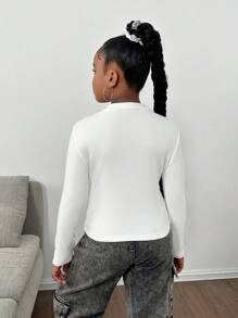 SHEIN Leap Crew Blusa de punto informal de calle para niñas preadolescentes con cuello alto elástico y mangas largas - Blanco - Ver 2