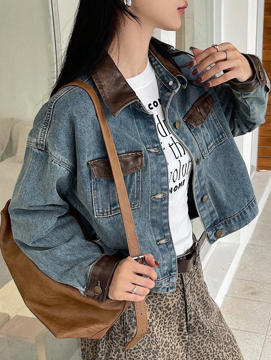 DAZY 女士纯色拼接前扣长袖口袋简约牛仔夹克 - 藍色 - 查看 1