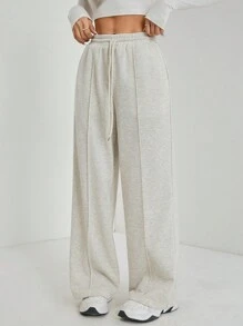 SHEIN PETITE Women Fall Khaki Pebble Seam Detail Straight Leg Sweatpants Graduation,Back To School Outfits,Graduation,Teacher Outfits For Women,Back To School