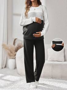 SHEIN Conjunto de 2 piezas de maternidad: Suéter de punto de color contrastante y pantalones de unicolor, casual