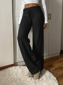 SHEIN EZwear Drawstring Loose Knit Pants, Solid Color Simple Casual Everyday Wear - Black - View 4